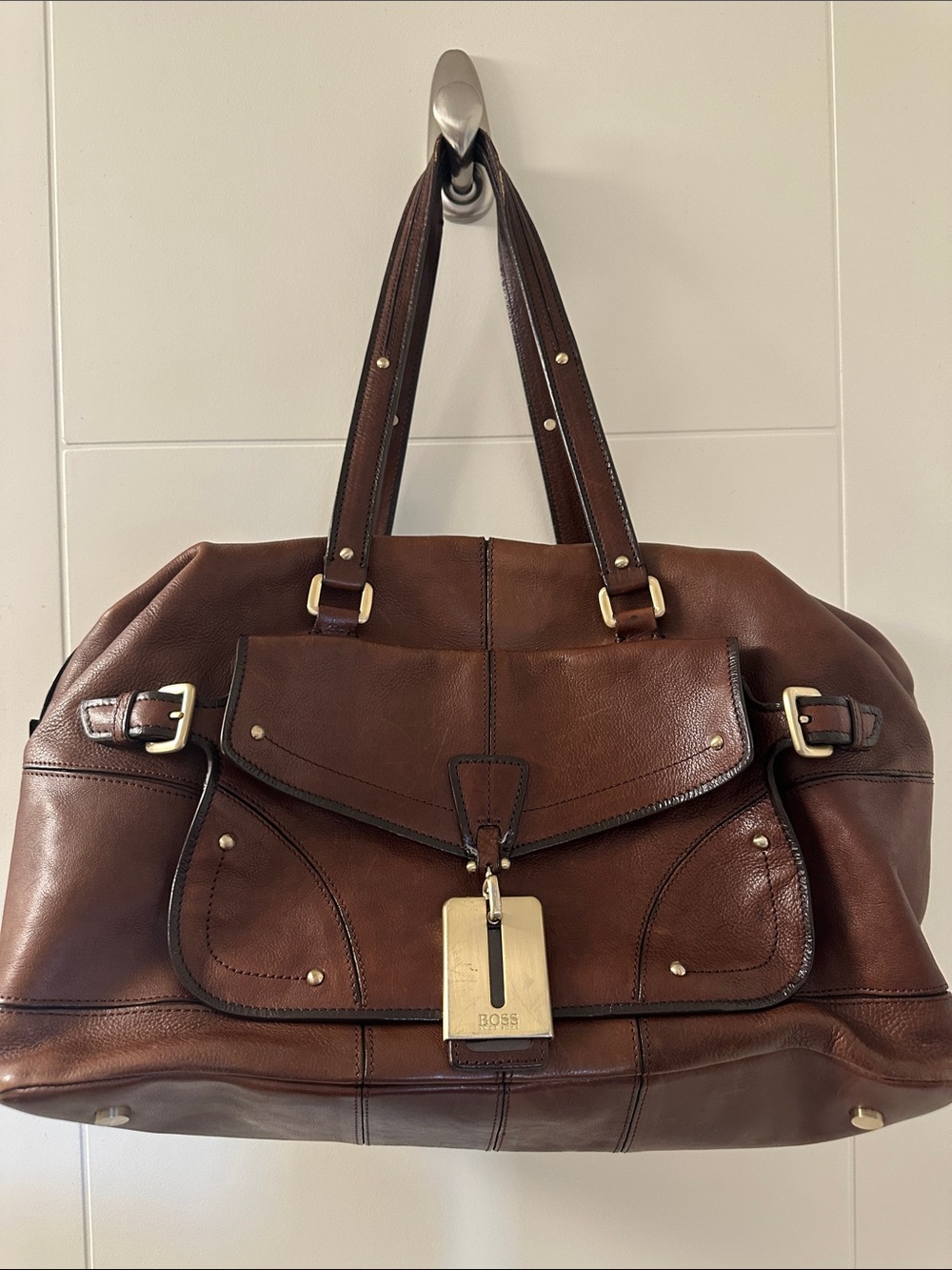 Boss Brown Leather Duffel Bag with Gold Hardware